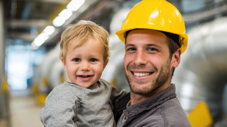 In a busy factory, a joyful father is seen holding his smiling toddler. The child looks curious while the father, wearing a yellow hard hat, beams with pride.の素材