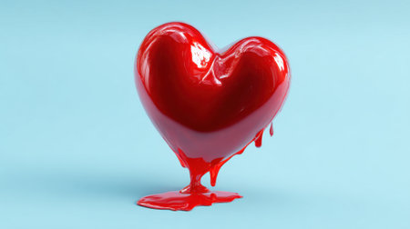 A bright red heart shape is melting slightly on a light blue background, creating a playful and vibrant representation of love and emotions. The design features glossy textures for added effect.の素材