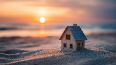 A small model house stands on the beach sand, surrounded by gentle waves. The sun sets on the horizon, creating a peaceful and warm atmosphere over the scene.の素材