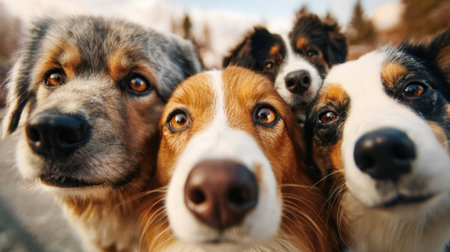 Four friendly dogs gather together, looking playfully at the camera. They are in a bright outdoor setting with a beautiful natural backdrop of mountains and trees, showing their playful spirits.の素材