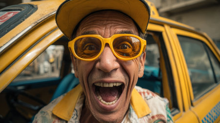 A cheerful taxi driver is smiling widely while sitting in his yellow cab. He wears bright sunglasses and a colorful shirt, bringing joy to the bustling city street around him.の素材