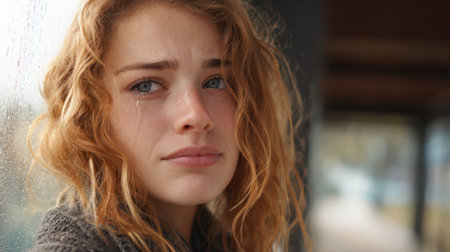 A young woman with wavy hair looks sad while standing next to a window. Raindrops trickle down the glass, reflecting a gloomy atmosphere. She appears lost in thought.の素材