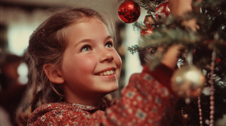 In a cozy indoor setting, a young girl with a cheerful smile hangs colorful ornaments on a Christmas tree. The warm decorations and festive spirit fill the room as she enjoys this holiday tradition.の素材