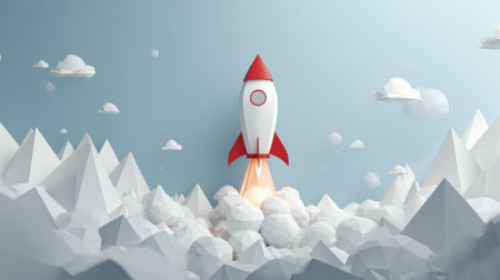 A rocket is taking off into the bright blue sky above a landscape of white mountains and soft clouds. The scene conveys excitement and the desire to explore new frontiers.の素材