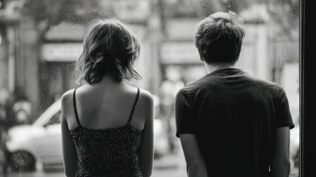 Two people stand side by side, gazing out a rain-streaked window. The city is visible beyond, filled with blurred figures and cars. The atmosphere is calm yet reflective.の素材