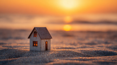 A small model house rests on the sand as the sun sets over the ocean horizon. The warm colors of the sky reflect the tranquility of the moment at dusk.の素材