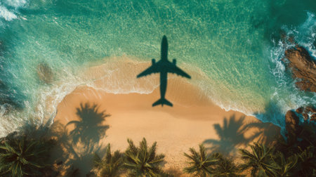 An airplane casts its shadow over a beautiful sandy beach surrounded by palm trees. The turquoise water sparkles in the sunlight, creating a serene tropical scene.の素材