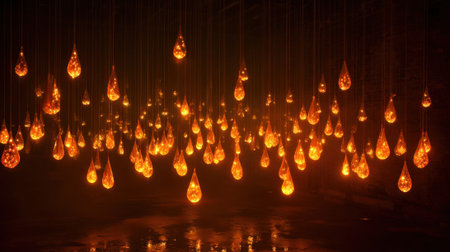 An enchanting display of warm glowing lights hangs from above illuminating a dark space with an inviting ambiance. The droplets resemble fire creating a cozy and festive feel.の素材