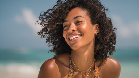 A young woman with curly hair smiles brightly while relaxing on the beach. The sun shines down, and the ocean waves roll in behind her as she enjoys a perfect summer day by the water.の素材