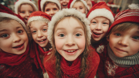 A group of cheerful children dressed in red and white Christmas outfits smiles widely, sharing the joy of the holiday season at a festive event in a warm, indoor atmosphere.の素材
