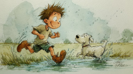 A joyful boy runs through shallow water with his dog on a warm, sunny day. Lush green grass surrounds them as they splash and enjoy their playful adventure.の素材