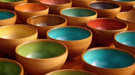 A variety of handcrafted bowls in vibrant colors are arranged on a wooden table.の素材