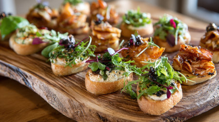 A wooden tray with a variety of appetizers, including some with olives and greens. The tray is placed on a tableの素材
