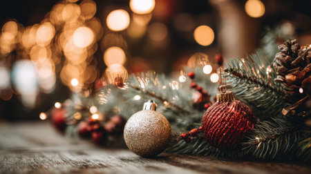 A Christmas tree with a gold and red ornament on it. The gold ornament is on the left and the red one is on the rightの素材