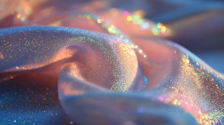 A close up view of a soft fabric featuring iridescent colors glistening in dim light. The delicate material flows smoothly creating a magical atmosphere perfect for an event setup.の素材