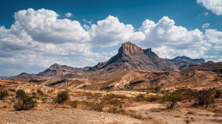 A mountain range is visible in the distance with a cloudy sky in the background. The sky is blue and the mountains are brownの素材