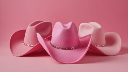 Three pink cowboy hats are displayed on a pink background. The hats are all different sizes and styles, but they all have a similar pink color. The hats are arranged in a rowの素材
