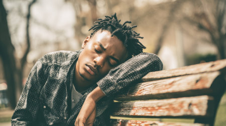 A young man with dreadlocks is sitting on a wooden bench in a park, resting his head on his arm while looking peaceful. It is a sunny day with trees in the background.の素材