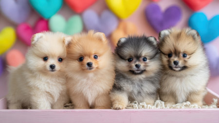 Four puppies are sitting on a pink surface, with one of them being a mix of white and blackの素材