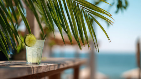 A cool lime drink sits on a wooden table next to a palm leaf, with the ocean in the background. The bright sun shines on this relaxing beach scene.の素材