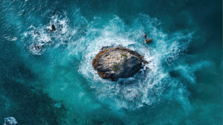 An aerial view captures a rocky island in the center of bright blue ocean waters. Waves crash around the island, creating a beautiful contrast against the vibrant sea.の素材
