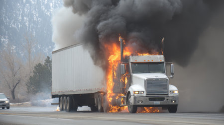 A trailer truck is engulfed in flames while parked on the side of a highway. Thick black smoke rises into the sky as vehicles pass nearby. It is early morning and the sun is just starting to rise.の素材
