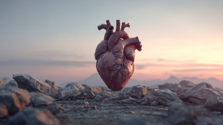 A large heart sculpture stands on rough rocks as the sun sets behind distant mountains. The warm light casts soft shadows, highlighting the heart's details and creating a serene atmosphere.の素材
