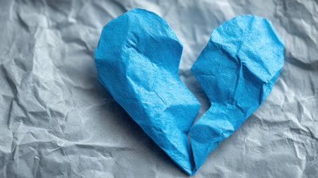 A blue heart made of crumpled paper rests on a wrinkled gray surface, showing creativity in crafts. This unique design can be used for decoration or gifting.の素材