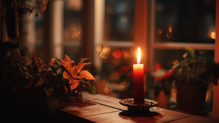 A single candle glows softly on a wooden surface, casting warm light on nearby plants as the evening settles in. The view outside reveals twinkling lights in the distance.の素材