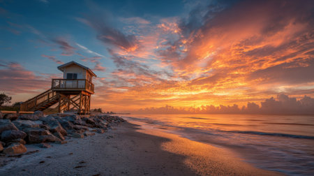 A lifeguard tower stands on a beach at sunset, surrounded by rocks and gentle waves. The sky is filled with vibrant colors as the sun sets, creating a peaceful atmosphere.の素材
