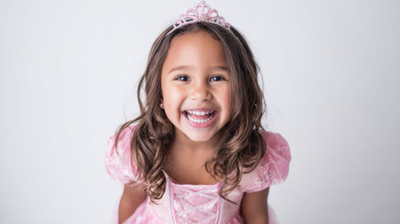 A young girl is dressed in a pink princess gown and tiara. She has a big smile on her face, radiating happiness while standing before a simple white backdrop.の素材