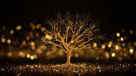 A tree with gold leaves is surrounded by a field of glitter. The tree is the main focus of the image, and the glitter adds a sense of magic and wonder to the scene. The combination of the treeの素材