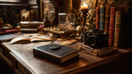 A desk with a book, a camera, and a candle. Scene is mysterious and old-fashionedの素材
