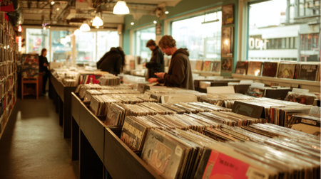 Customers browse through rows of vinyl records at a vibrant record store. The atmosphere is lively, filled with music and excitement as people discover new albums.の素材