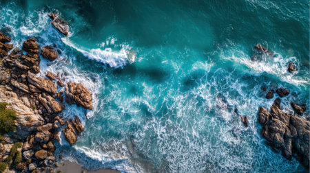 Turquoise waves crash against rugged rocks along a coastline. The scene captures the beauty of nature at midday, showing the vibrant contrast of water and shoreline.の素材