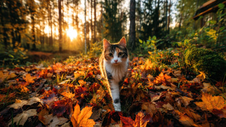 A cat strolls confidently through vibrant orange and red leaves, surrounded by tall trees as the sun sets, creating a warm, tranquil atmosphere in the forest.の素材