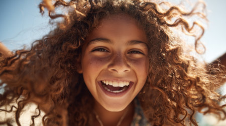 A young girl with curly hair expresses pure happiness while playing outdoors. The sun shines brightly as she enjoys a carefree moment, surrounded by nature.の素材