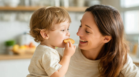 A mother smiles at her smiling young son as he takes a bite of a snack. The kitchen is well-lit, with fresh fruits visible on the countertop, creating a warm atmosphere.の素材
