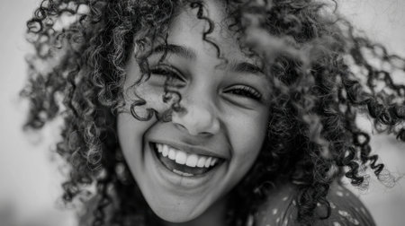 A young girl with curly hair smiles brightly, radiating happiness in a light-filled room. Her expression showcases pure joy, capturing a carefree moment and innocence.の素材