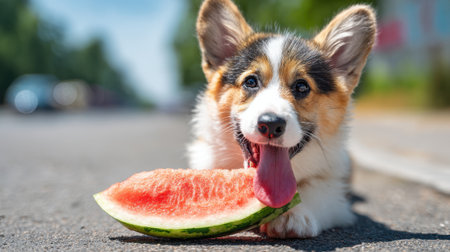 A playful corgi puppy lies on the road, happily munching on a slice of juicy watermelon. The sun shines brightly, creating a cheerful atmosphere.の素材