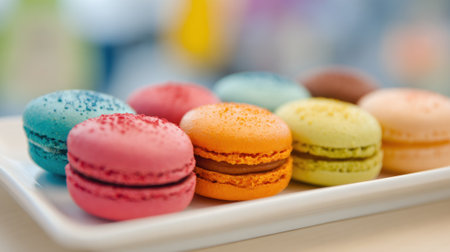 Sweet macarons in various colors sit on a white plate, showcasing their vibrant hues and textures in a bright pastry shop during daylight.の素材