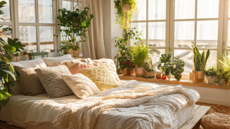 A bright bedroom features a large bed adorned with soft pillows and blankets. Lush green plants surround large windows, letting in warm sunlight and creating a peaceful atmosphere.の素材