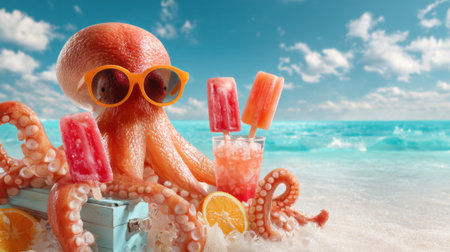 Under a sunny sky at the beach a playful octopus wears sunglasses while sitting beside a cooler. Delicious popsicles and a fruity drink are nearby adding to the summer vibe.の素材
