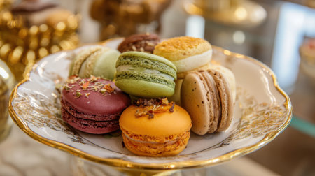 A selection of colorful macarons sits on a decorative plate in a pastry shop. Each macaron features unique colors and flavors, showing the art of pastry making.の素材