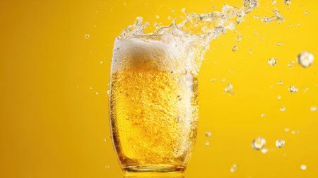 Golden beer leaps from a glass creating a joyful splash in vibrant yellow light inviting refreshment.の素材