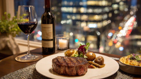 A delicious meal of steak potatoes and a glass of red wine paired with a city view at night.の素材