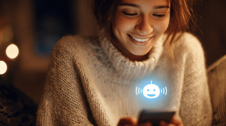 A young woman smiles brightly while texting on her smartphone enjoying a cozy evening.の素材