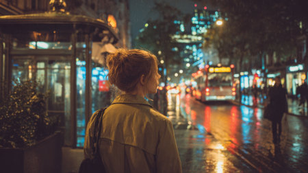 A person walks in a rainy city at night surrounded by colorful lights and city sounds.の素材