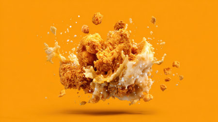 Juicy pieces of fried chicken burst with flavor against a bold orange backdrop creating excitement.の素材