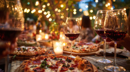Friends share laughter and delicious pizza while sipping red wine in a cozy outdoor setting.の素材